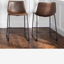 Brown Low Back Metal Frame Counter Height Bar Stool with Faux Leather Seat (Set of 4)