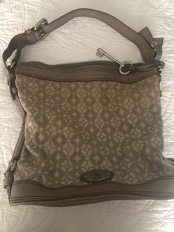 Fossil Beige Leather Metallic Fabric Shoulder Bag