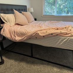Modern Queen Bed Frame + Upholstered Headboard + Mattress – $300