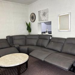 Furniture- Real Aniline Leather 6 Pc Sectional With 3 Power Recliners- Dextan