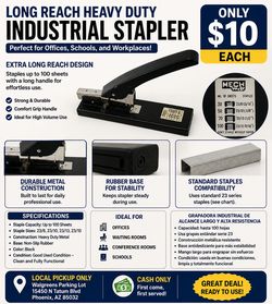 Heavy Duty Mech Works Industrial Stapler – Long Reach – Staples Up to 100 Sheets – $10