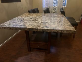 Marble Top Dining Table with Wood Base with chairs