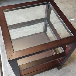 Espresso Side Table w/ Shelf & Glass Top

