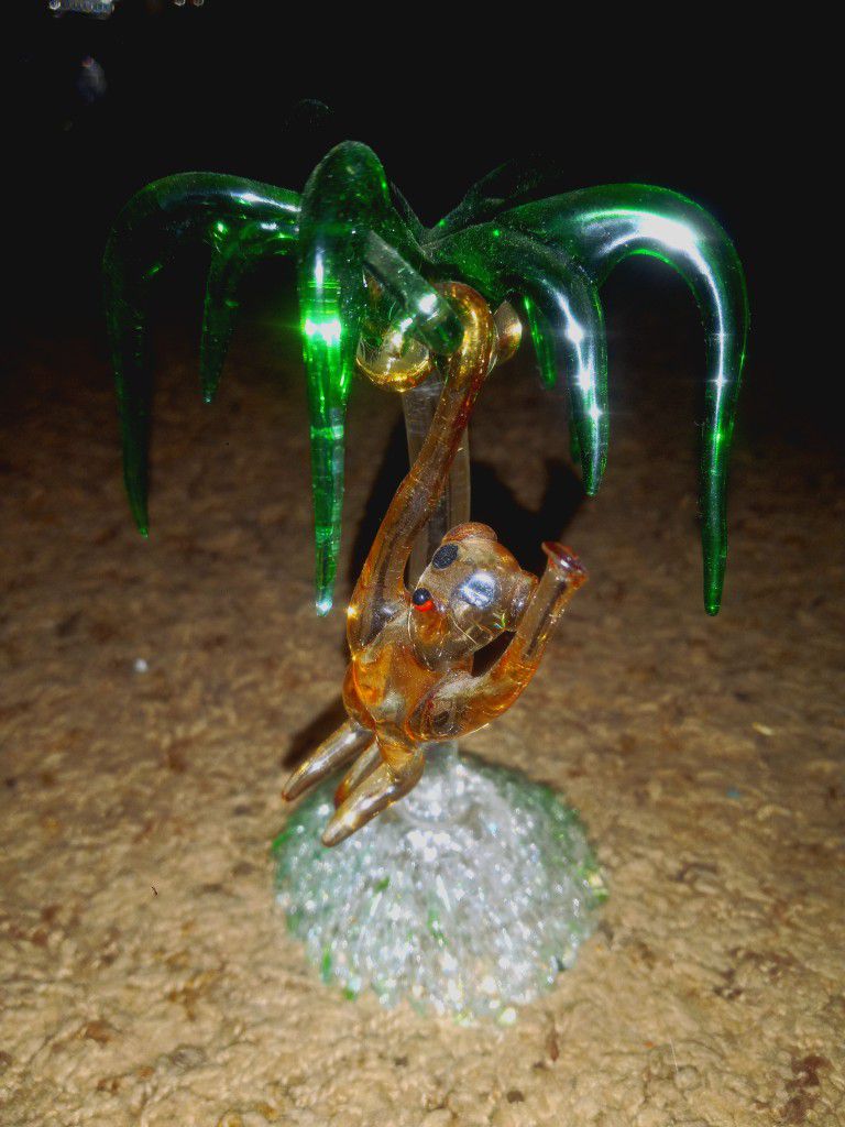 Hand Blown Colored Glass Monkey Hanging In Palm Tree 10 In Tall