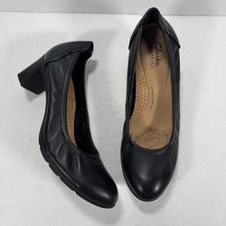 Clarks Collection Neiley Pearl Black Leather Block Heel Pumps Women Size 8M