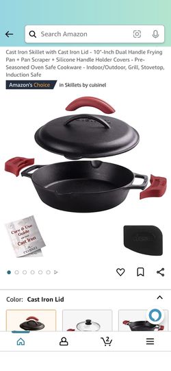 Cuisinel Cast Iron Skillet with Lid - 8-inch Pre-Seasoned Covered Frying  Pan Set + Silicone Handle and Lid Holders + Scraper/Cleaner 