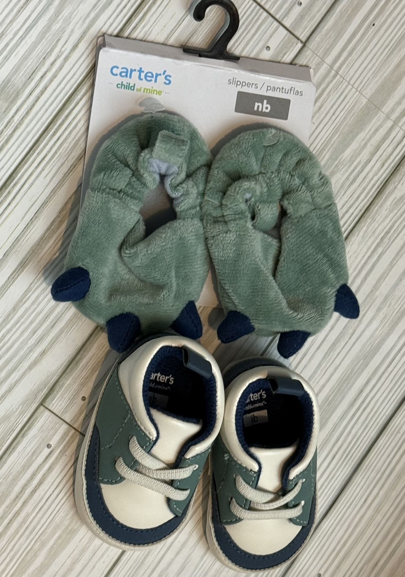 Carter’s Child Of Mine Newborn Colorblock Sneakers + Dinosaur Slippers Bundle