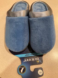 Néw Isotoner Womens microterry pillowstep satin blue slippers size 6.5-7