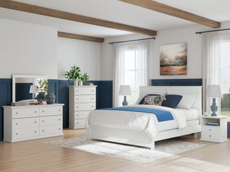 Bostwick Shoals White King Panel Bed, Dresser, Mirror, Chest and Nightstand (Online Special Price)