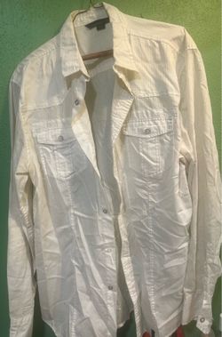 Straight Faded Men's L Regular White Solid Long Sleeve Button-Up Shirt Pockets