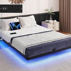 Full Size Floating Bed Frame, LED Bed Frame with Charging Station