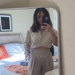 Cream and tan LINEN wrap crop top