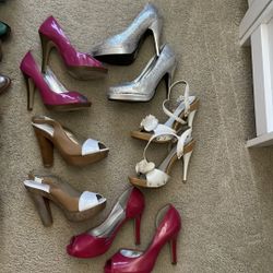 Set of 5 high heels Shoes women all 6 pink with wood bottom is 6.5 pink white silver cream bling open toe closed sling back 