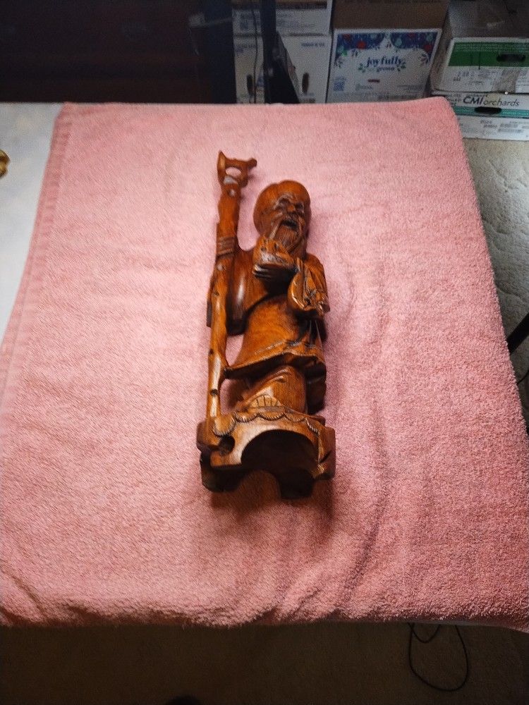 Chinese Teak Carving Of God Of Longevity