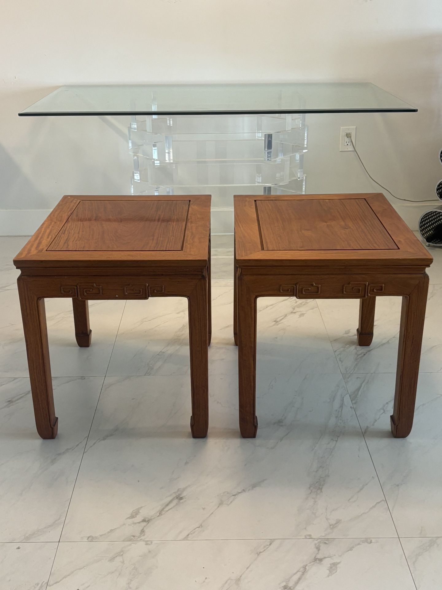Pair Of Chinese Hardwood End Tables With Hand Carved Detail