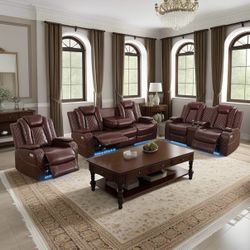 Power Electric Brown Leather Fully Reclining Couch Set