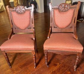 2 Prop Chairs - Antique Eastlake Victorian carved Walnut Wood Parlor Chairs