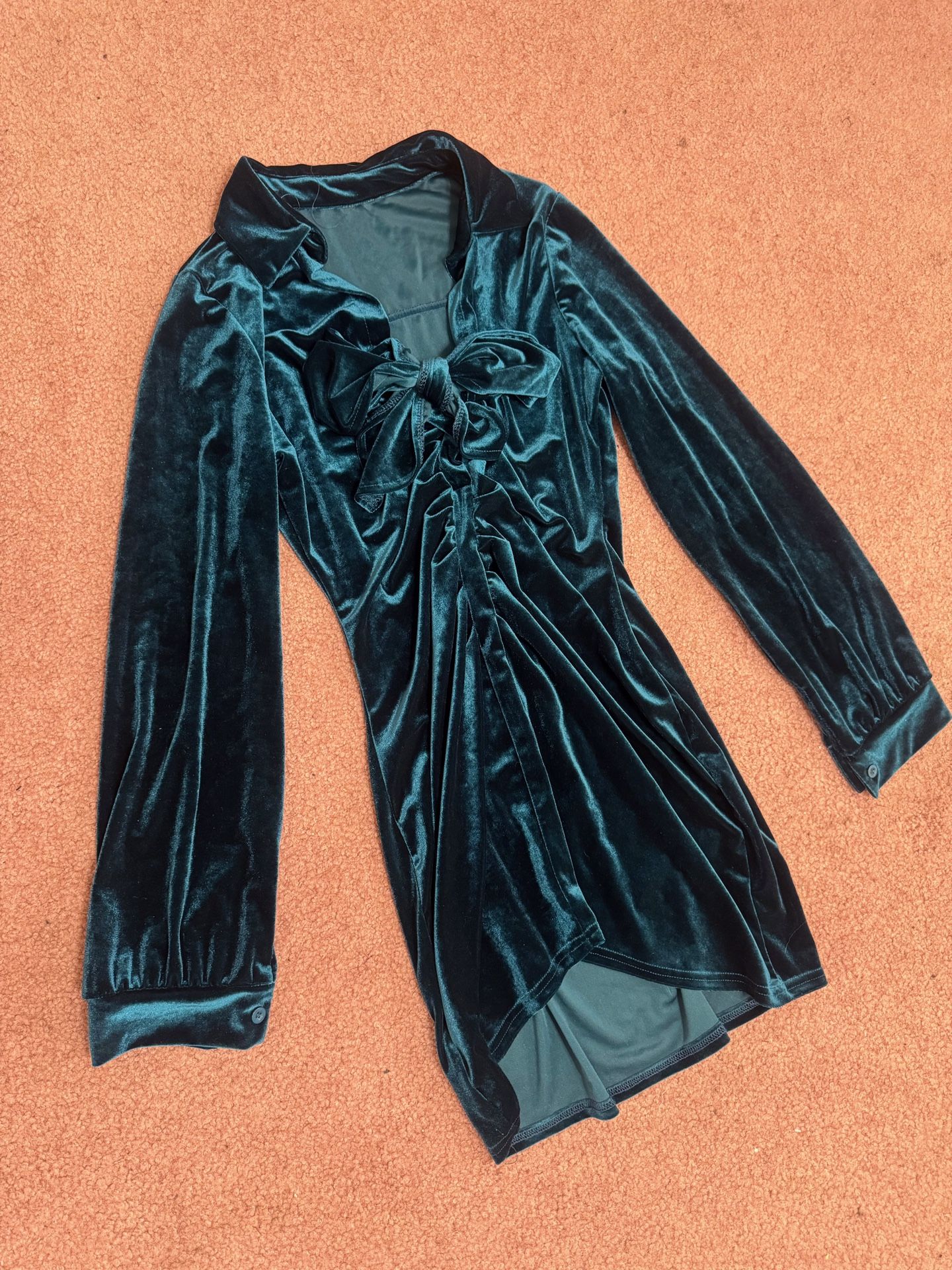 New 2xl teal stretchy velvet long sleeve short dress tie bow vintage