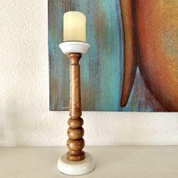 Marble And Wood Pedestal Candle Holder 
