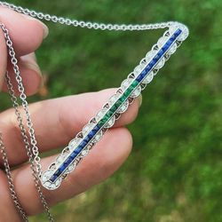 Vintage Solid Platinum, Natural Emerald & Blue Sapphire Pendant Necklace 