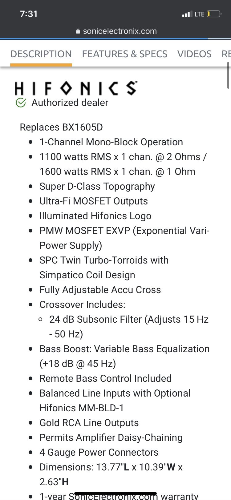 Hifonics 1600 Watt Amp