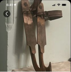 Antique Wooden and Metal Ice Skates with Leather Straps
