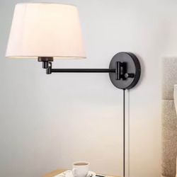 2-Pack Of 10-in. Width 1-Light Black Wall Plug-in Swing Arm Wall Lamp With White Linen Shade