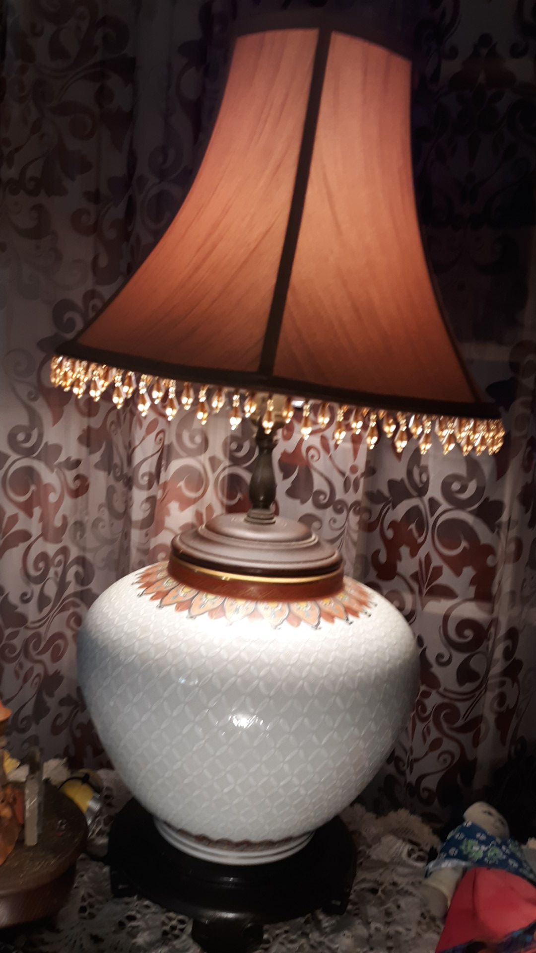 Vintage Glass Lamp with decorative base and beaded shade