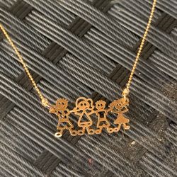 14k Yellow Gold Fancy Family Stick Figure with Dad, Mom, Son, Daughter and Pet Charm Pendant Necklace with 17" + 1"  Chain