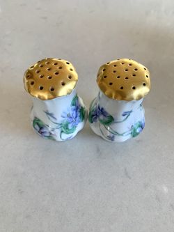Vintage Hand Painted Bavarian Salt & Pepper Shakers Gold Gilded tops
