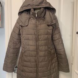 Adult Women Small US Size 8 Euro 44 Armani Jeans Puffer Jacket Brown Gray Parka Removable Hood 