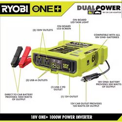 New - RYOBI ONE+ 18V 1000-Watt Max 12-Volt Automotive Power Inverter