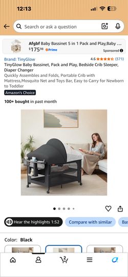 TinyGlow Baby Bassinet, Pack and Play, Bedside Crib Sleeper