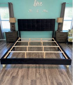 King Size Bed Frame with Black Upholstered Headboard – Modern Style