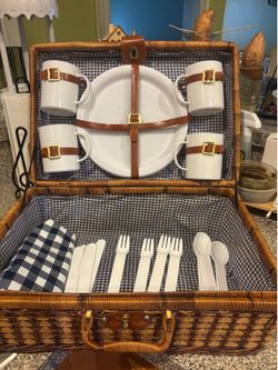 Vintage Lined Wicker Picnic Basket w/ Plastic Dishes Matching Tablecloth, Blue & White Gingham Pattern, Romantic, Country Farmhouse, Gift.