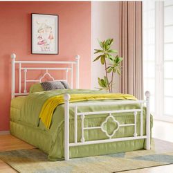 14 Inch Twin Size Metal Platform Bed Frame, Vintage Victorian Style, Wrought Iron Headboard and Footboard/Mattress Foundation for Storage/No Box Sprin