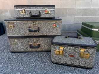 Vintage 4-Piece Tweed Luggage Set – Gray Salt & Pepper Flecked Hardcase Suitcases – Mid Century Travel Set