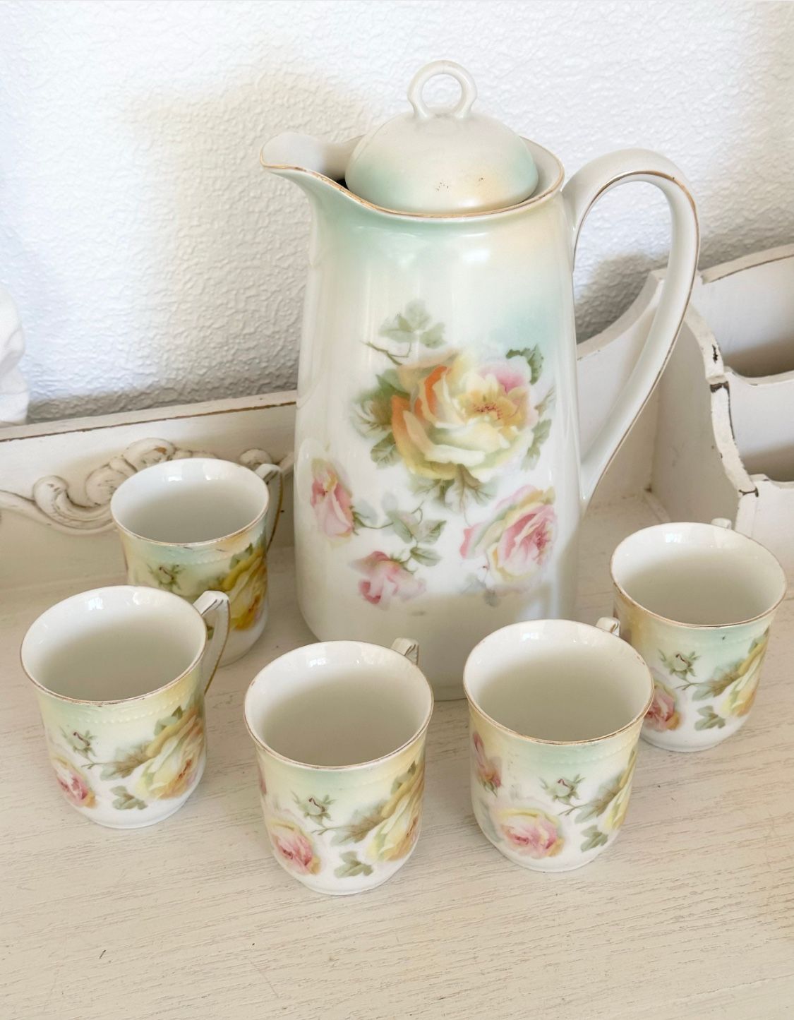 Antique Floral Roses Set - Chocolate Pot and Demi cups