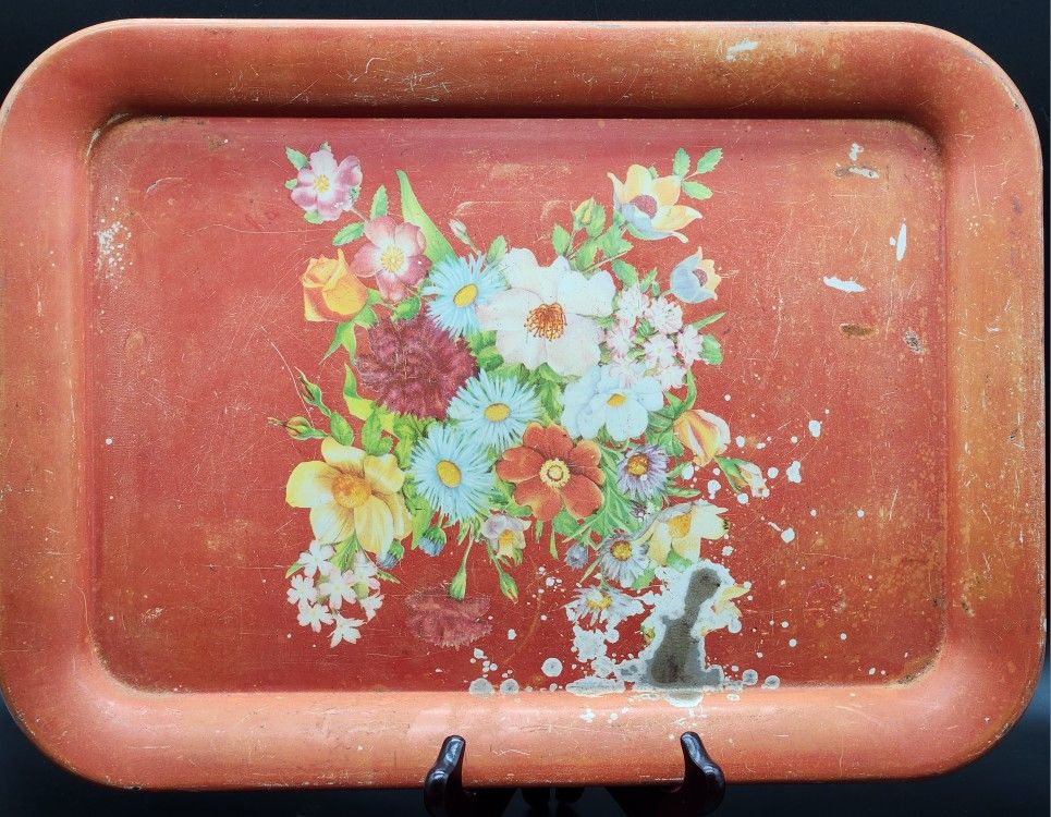 Mid Century Metal Serving Tray with Floral Accent