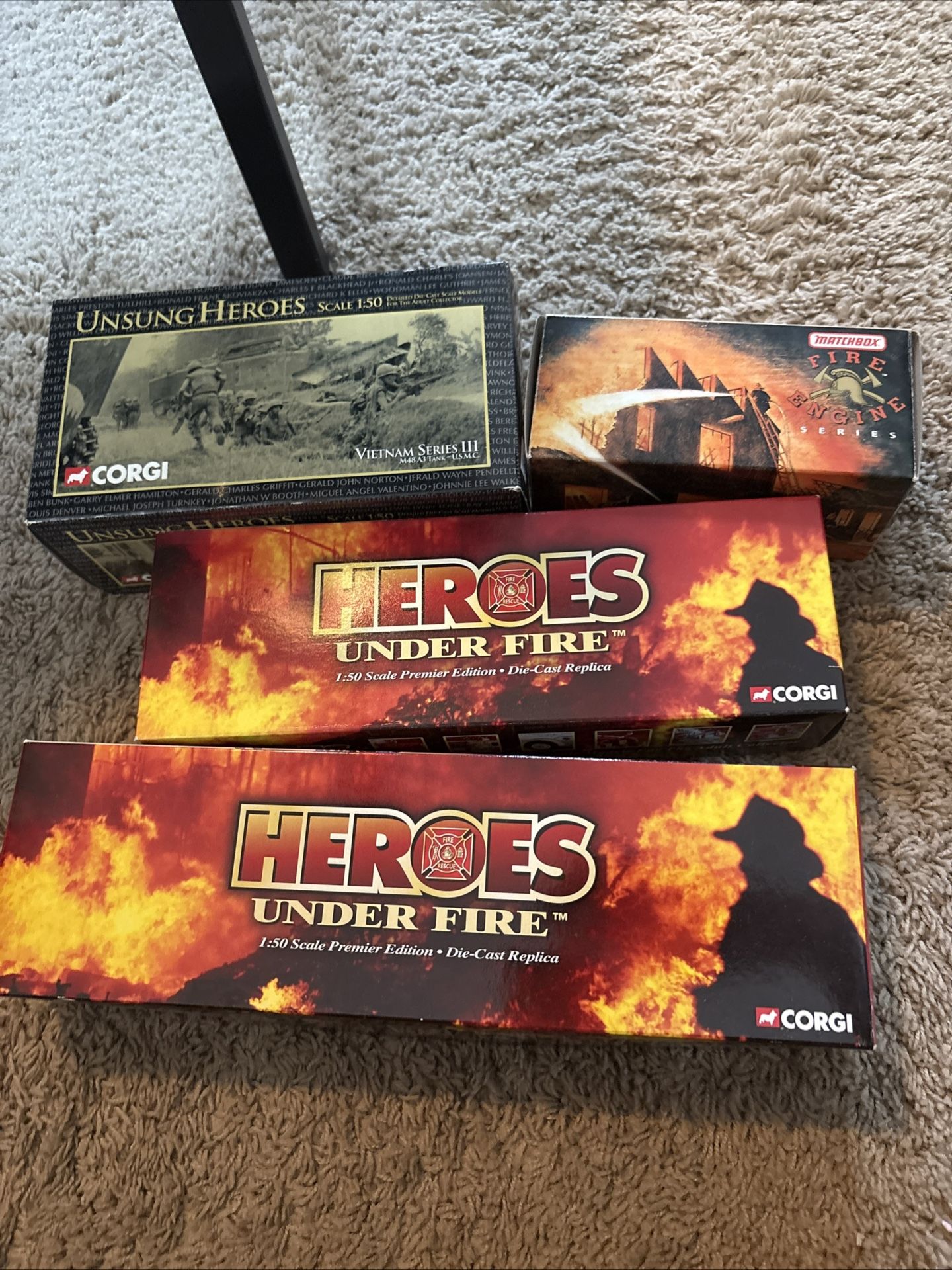 Lot Of 4 Corgi And Matchbox Fire Trucks And A Tank.
