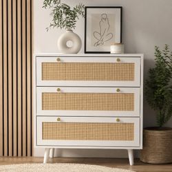 White 3 Drawer Rattan Dresser / Nightstand