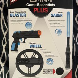 Wii 3in 1 Game Essentials Plus Works Motion Plus Blaster Saber Racing Wheel 