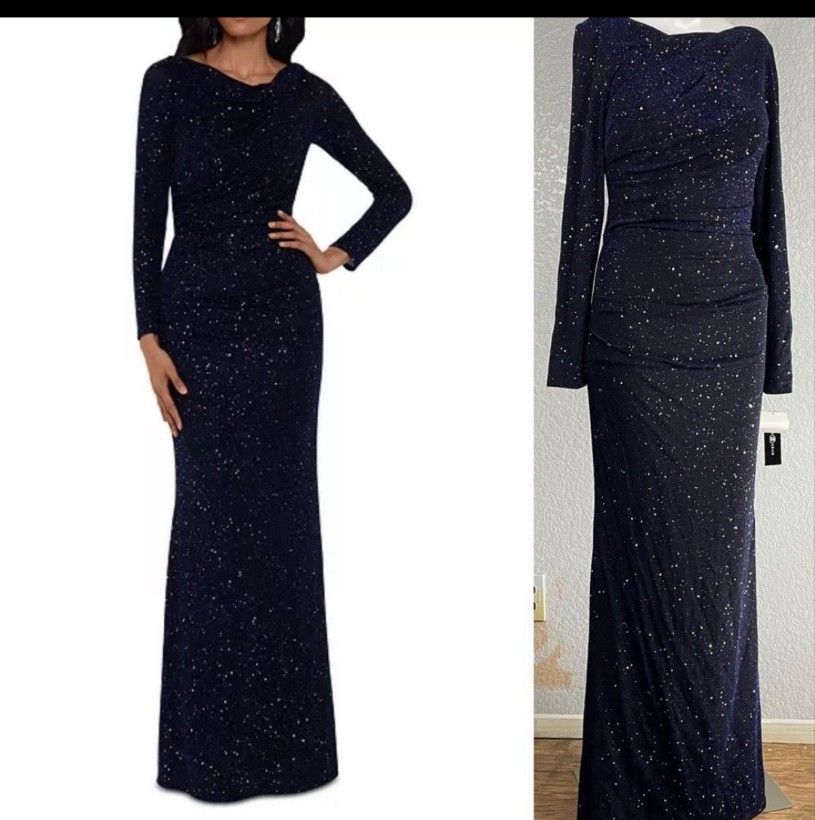 

BETSY & ADAM Womens Navy Glitter Full-Length Evening Body Con

