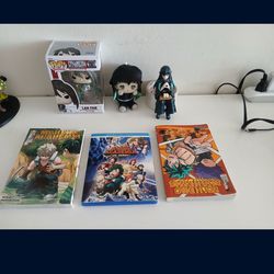 All for Only 40 dollars (all paid 180 dollars).
Demon Slayer original Muichiro figure and plush and My Hero academia double blue ray DVD New and 2 boo