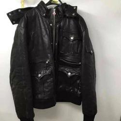 True Religion Mens Black Leather Long Sleeve Parker Bomber Jacket Size XXXL