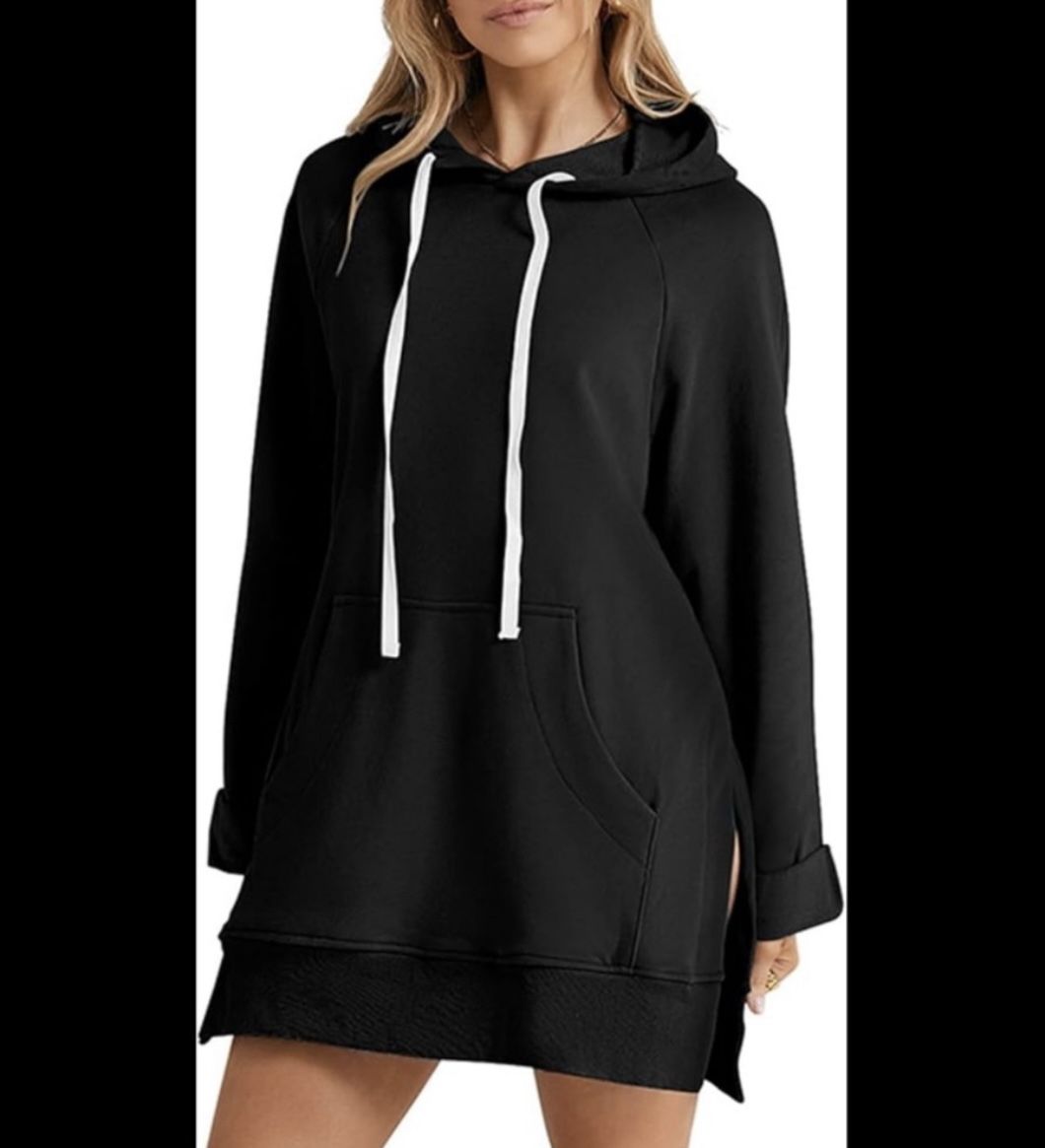 WARMY Black Oversized Hoodie Dress with Pockets M