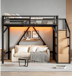 Bellemave Twin XL Size Loft Bed with Stairs and Wardrobe,Heavy Duty Metal Loft Bed Frame with Shelves