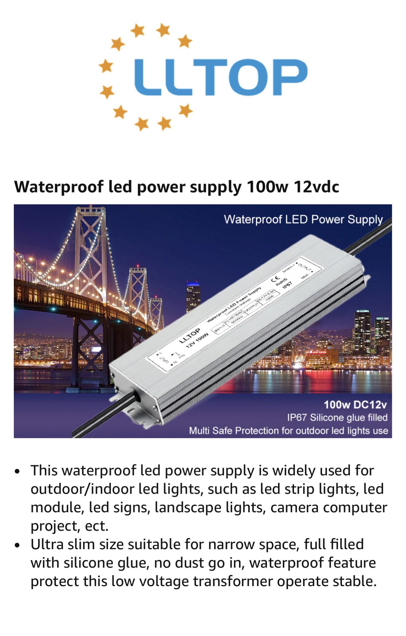 LLTOP WATERPROOF LED POWER SUPPLY. CONSTANT VOLTAGE TRANSFORMER 100w DC12v