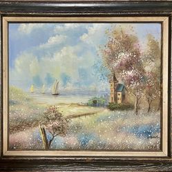 Hand-Painted Oil on Canvas – Serene Spring Landscape with Cottage and Sailboats