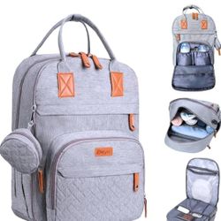 Grey Spacious Diaper Backpack – Stylish and functional baby diaper bag for moms and dads – multi-function waterproof bag with insulated pockets, porta